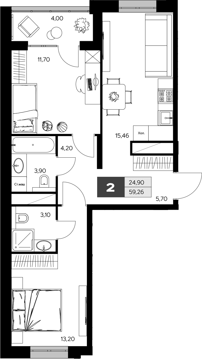 Планировка — Ласточкино, 2-комн., 57 м²