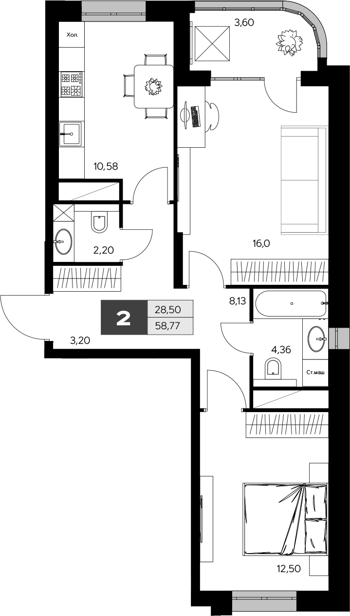 Планировка — Ласточкино, 2-комн., 57 м²