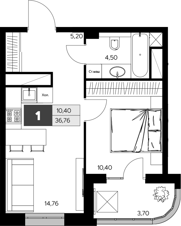 Планировка — Ласточкино, 1-комн., 35 м²