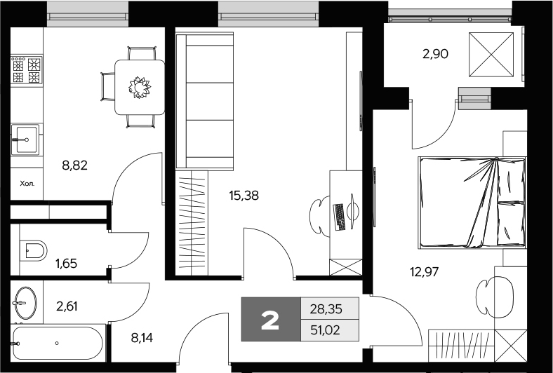 Планировка — Ласточкино, 2-комн., 50 м²