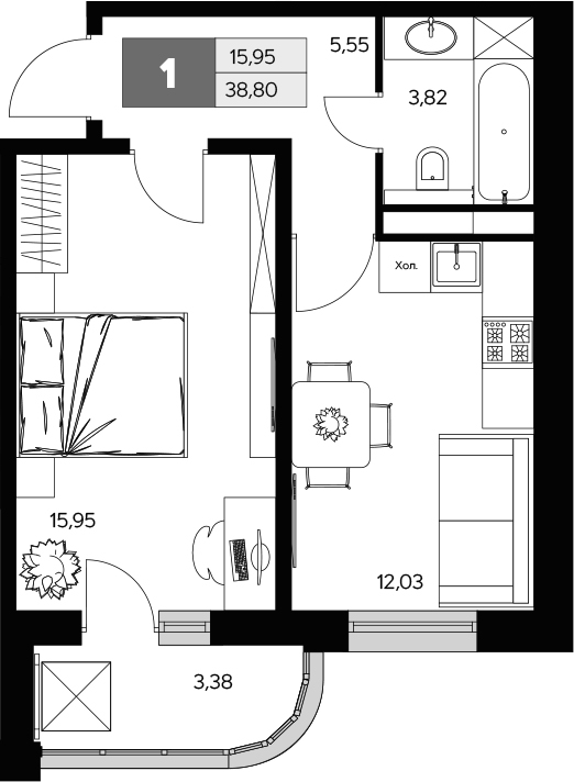 Планировка — Ласточкино, 1-комн., 37 м²