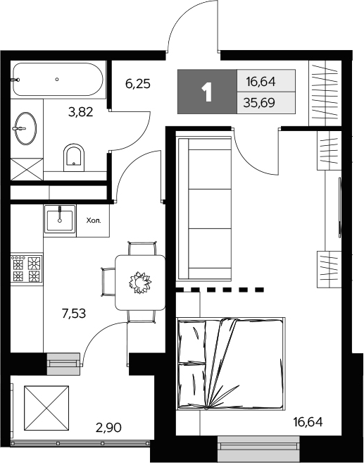 Планировка — Ласточкино, 1-комн., 34 м²