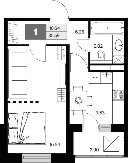 Планировка — Ласточкино, 1-комн., 34 м²