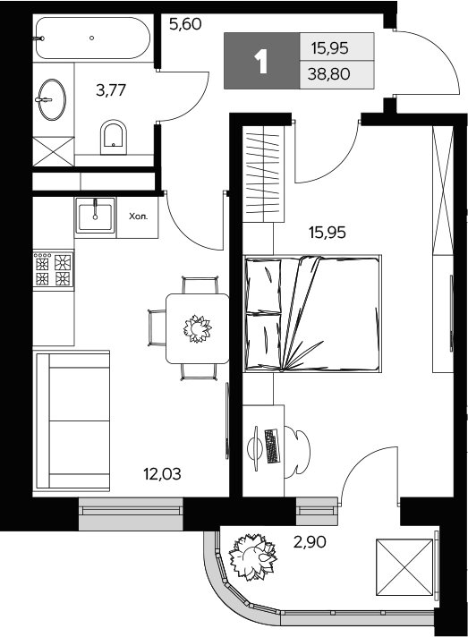 Планировка — Ласточкино, 1-комн., 37 м²