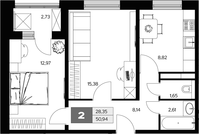 Планировка — Ласточкино, 2-комн., 50 м²