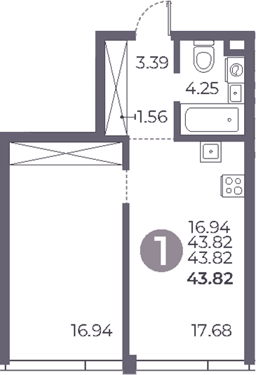 Планировка — Мневники от Гранель, 1-комн., 44 м²