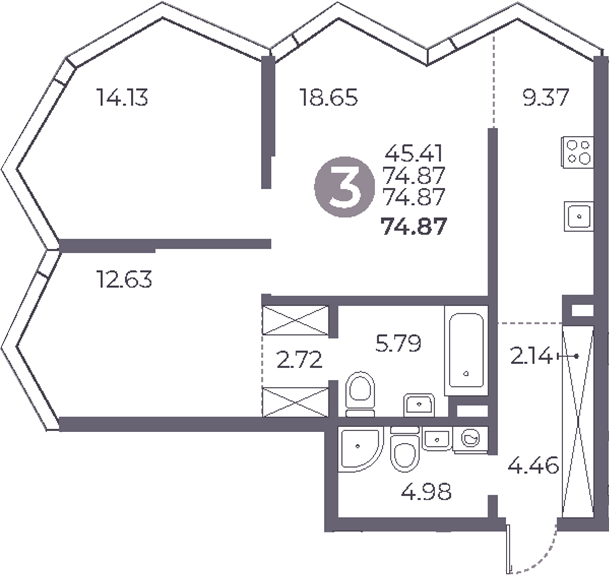 Планировка — Мневники от Гранель, 3-комн., 75 м²