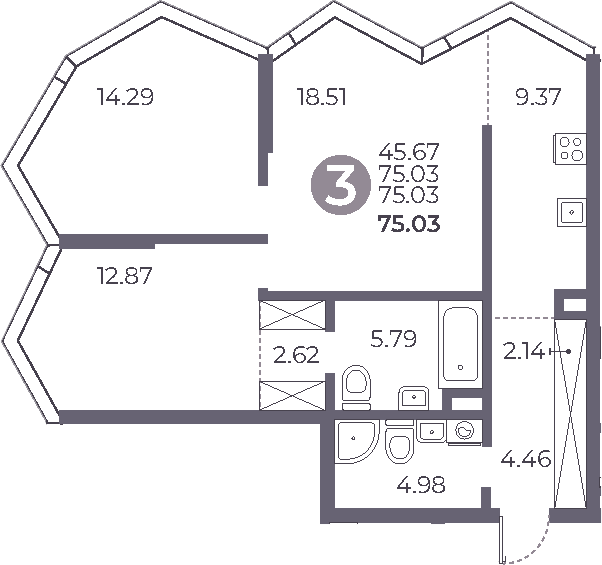 Планировка — Мневники от Гранель, 3-комн., 75 м²