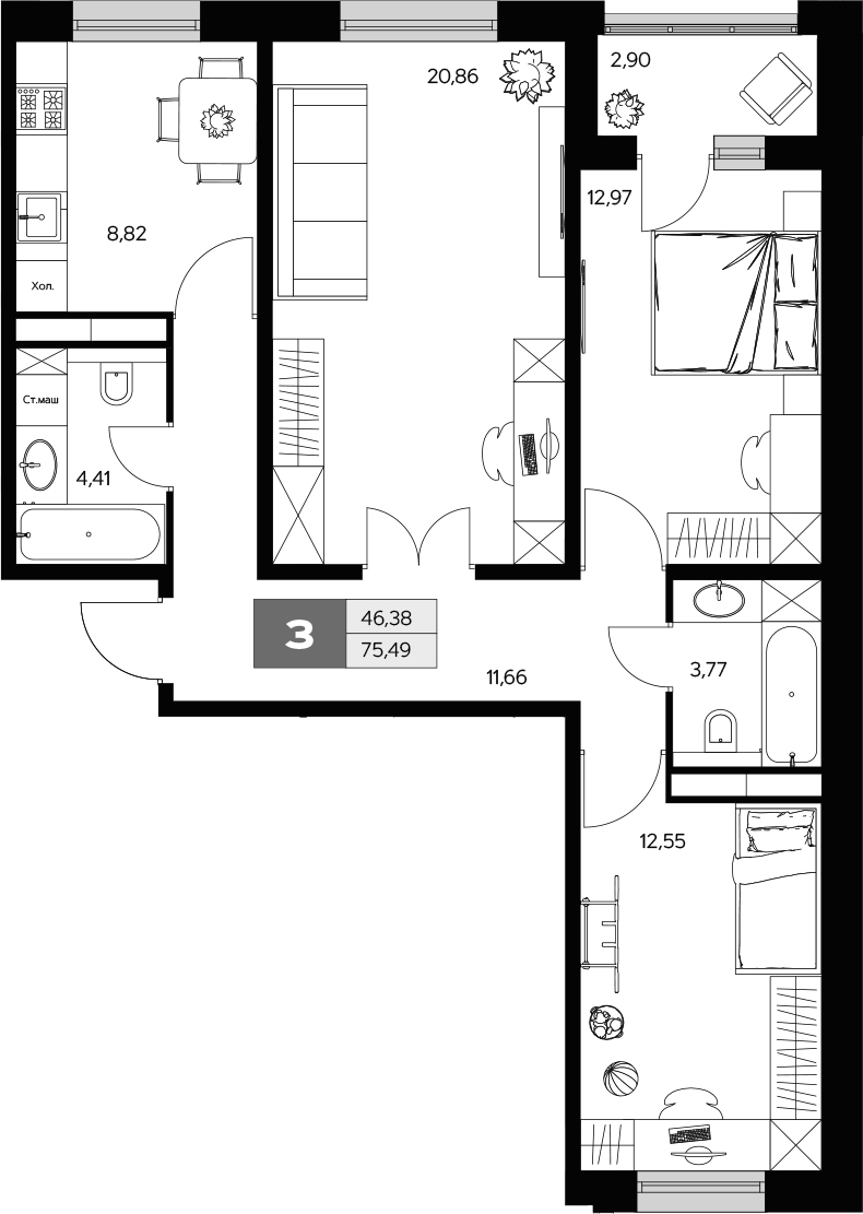 Планировка — Ласточкино, 3-комн., 75 м²
