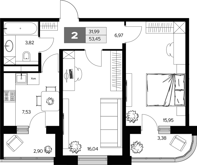 Планировка — Ласточкино, 2-комн., 50 м²
