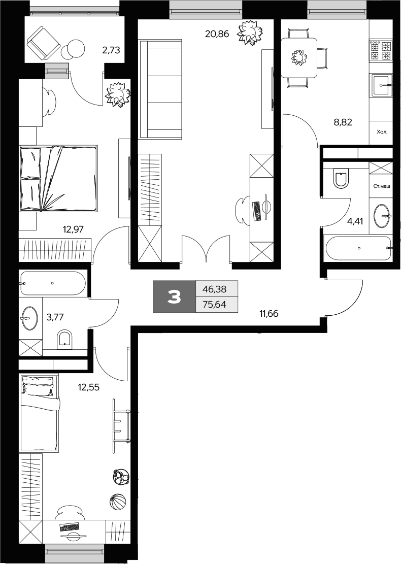 Планировка — Ласточкино, 3-комн., 74 м²