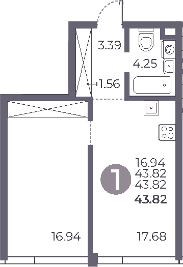 Планировка — Мневники от Гранель, 1-комн., 44 м²