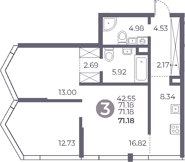 Планировка — Мневники от Гранель, 3-комн., 71 м²