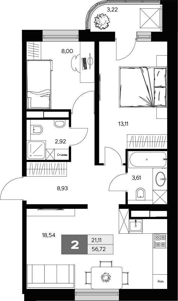 Планировка — Ласточкино, 2-комн., 55 м²