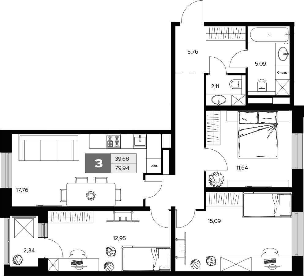 Планировка — Ласточкино, 3-комн., 78 м²