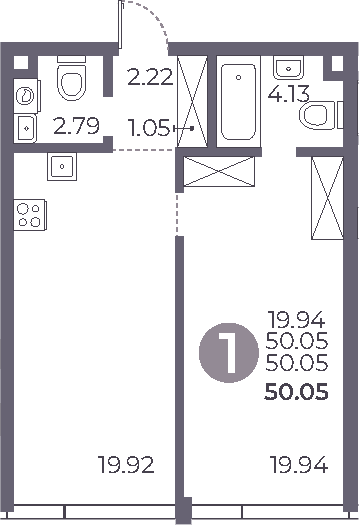 Планировка — Мневники от Гранель, 1-комн., 50 м²