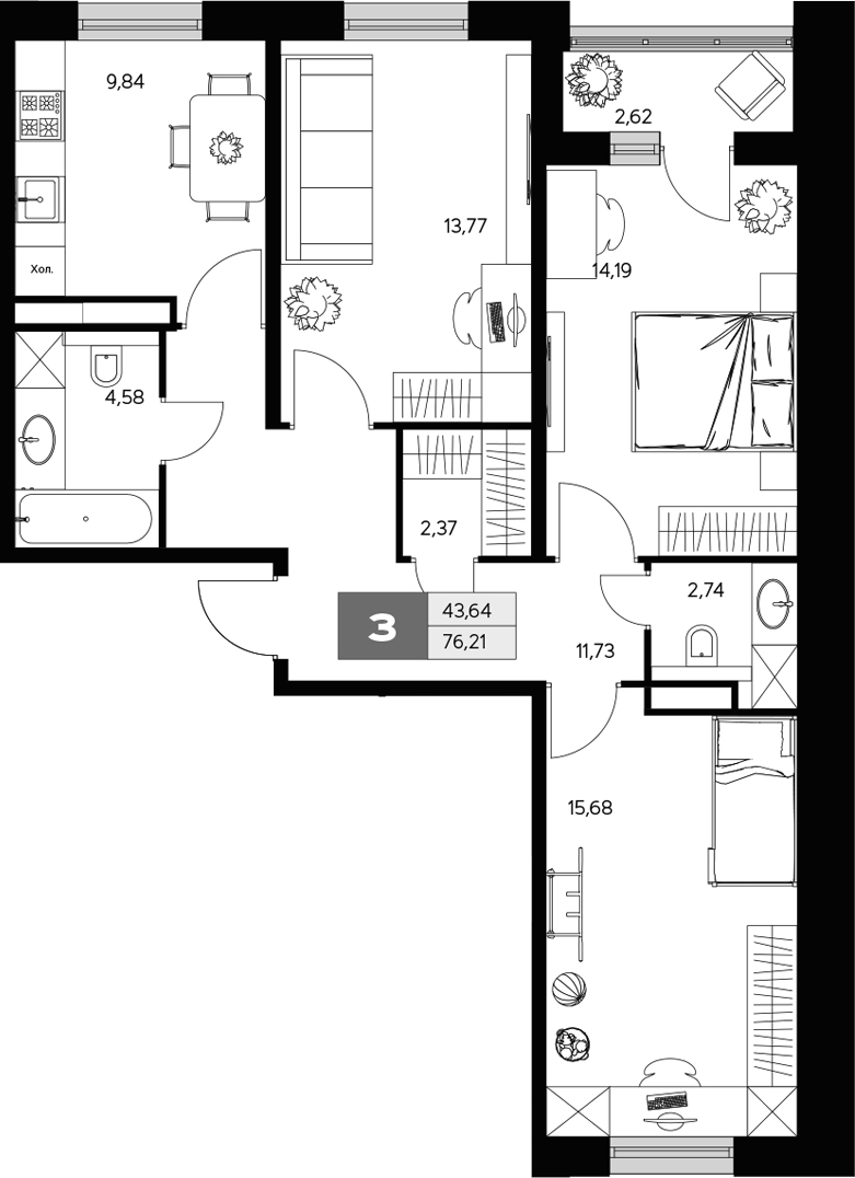 Планировка — Ласточкино, 3-комн., 75 м²