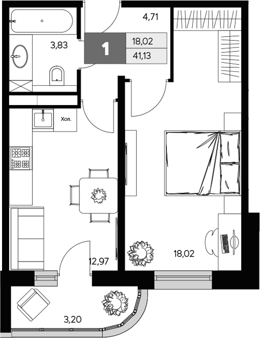 Планировка — Ласточкино, 1-комн., 40 м²