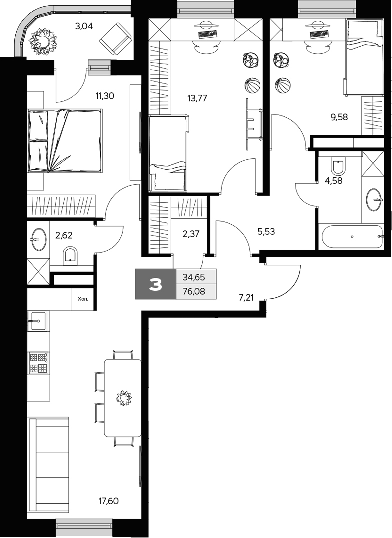 Планировка — Ласточкино, 3-комн., 75 м²