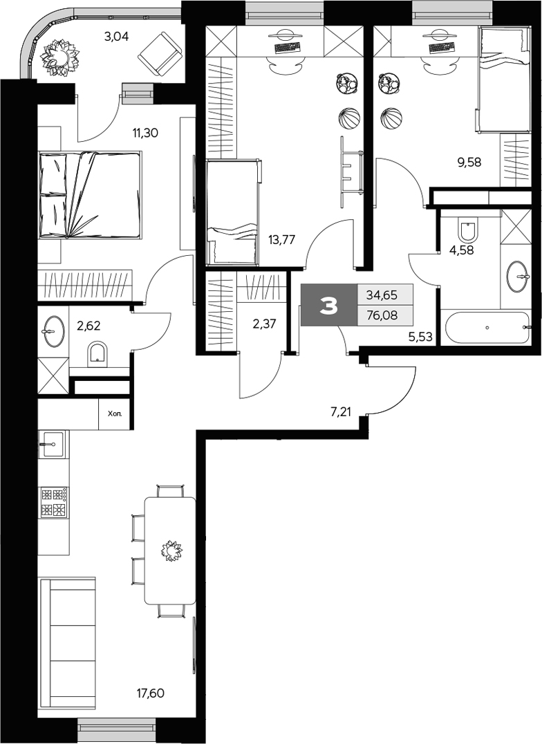 Планировка — Ласточкино, 3-комн., 75 м²