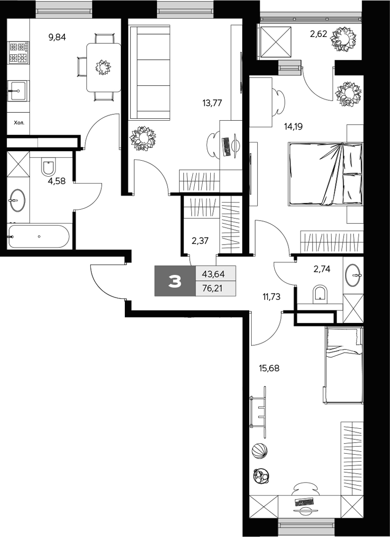 Планировка — Ласточкино, 3-комн., 75 м²