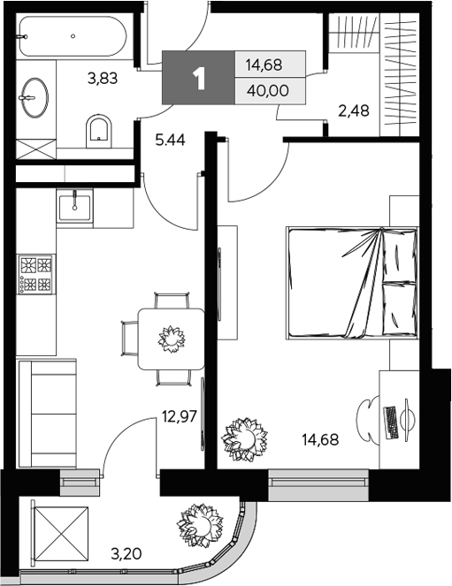 Планировка — Ласточкино, 1-комн., 38 м²