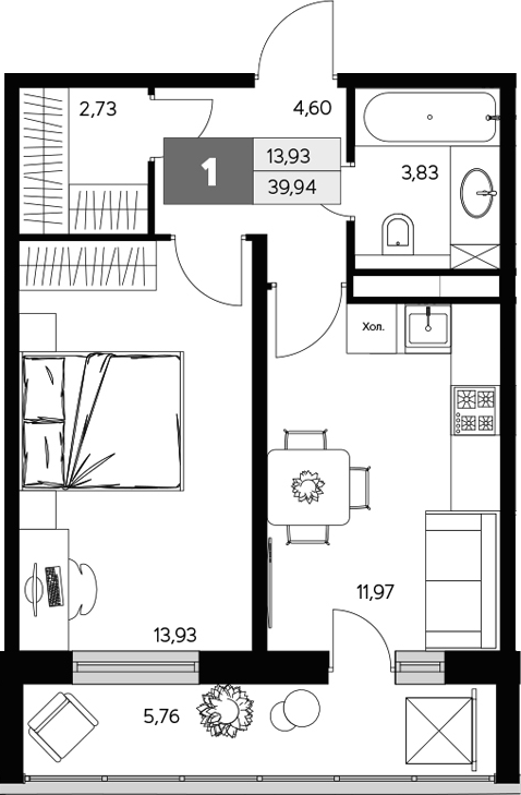 Планировка — Ласточкино, 1-комн., 37 м²