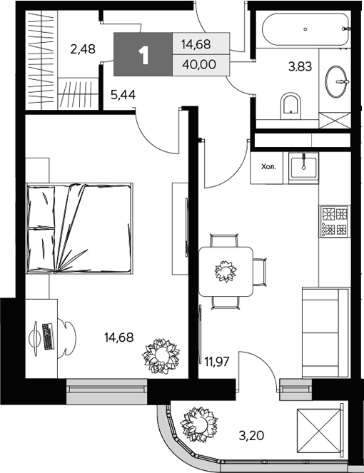 Планировка — Ласточкино, 1-комн., 38 м²