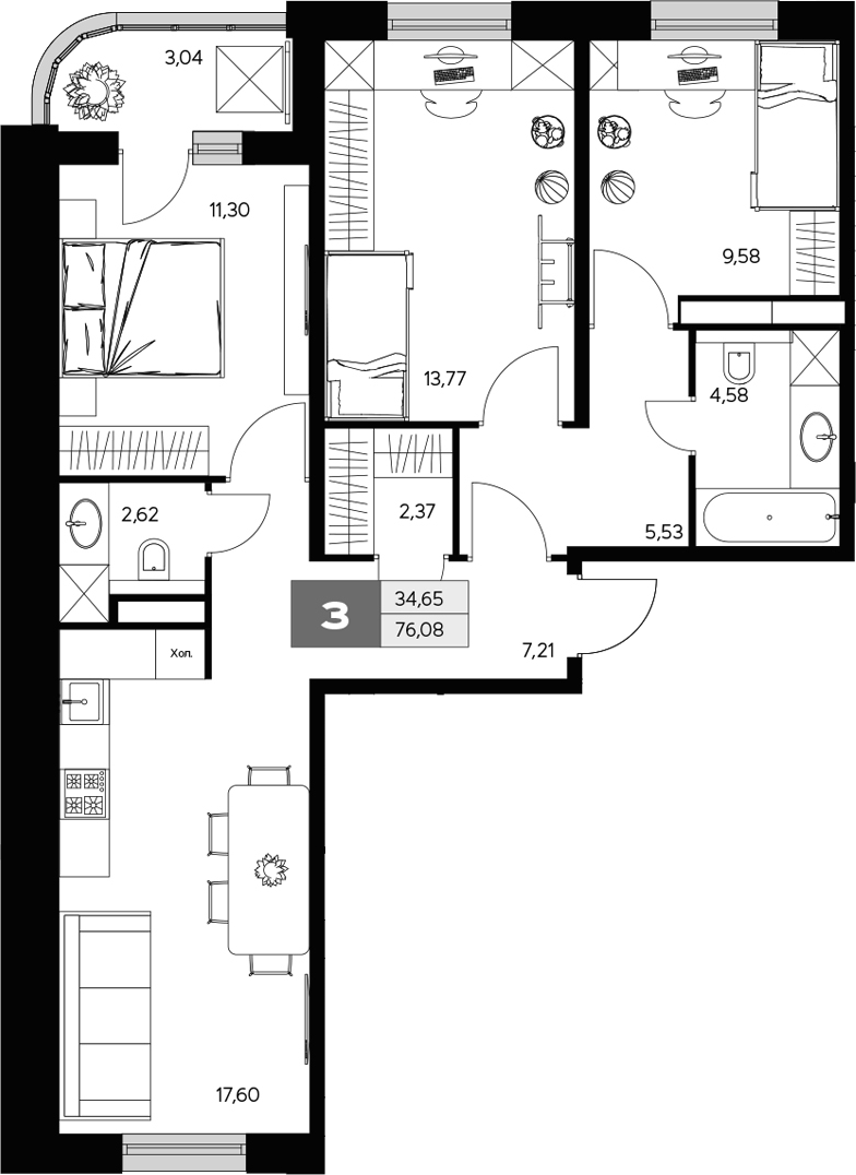 Планировка — Ласточкино, 3-комн., 75 м²