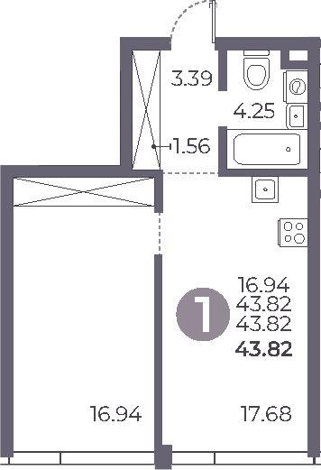 Планировка — Мневники от Гранель, 1-комн., 44 м²