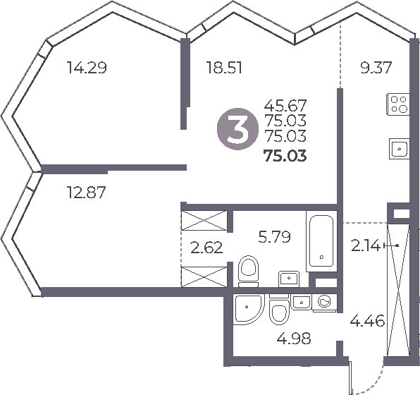 Планировка — Мневники от Гранель, 3-комн., 75 м²