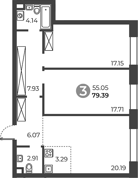 Планировка — Павелецкая от Гранель, 3-комн., 79 м²