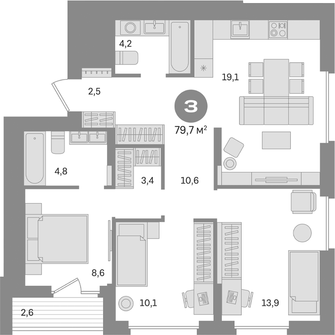 Планировка — Первый квартал. Вторая очередь, 3-комн., 77 м²