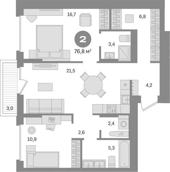 Планировка — Первый квартал. Вторая очередь, 2-комн., 74 м²