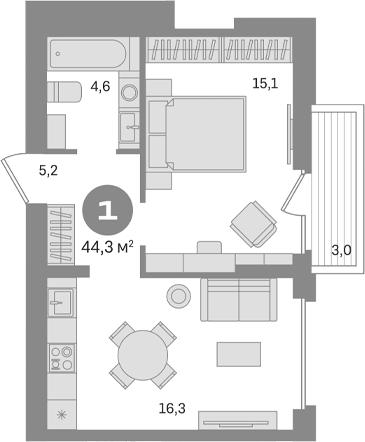Планировка — Первый квартал. Вторая очередь, 1-комн., 41 м²
