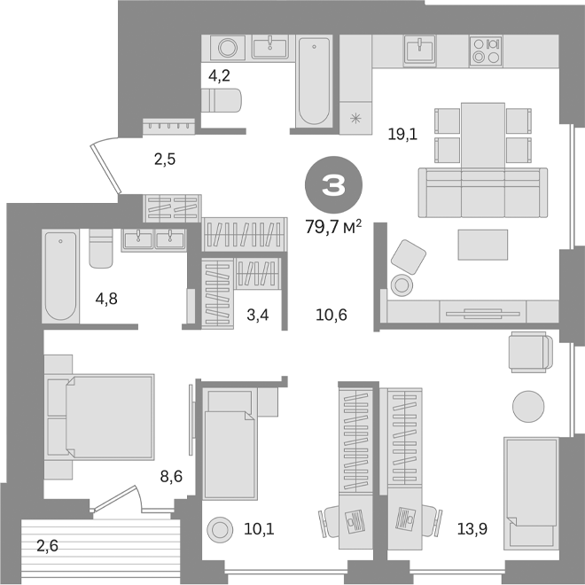 Планировка — Первый квартал. Вторая очередь, 3-комн., 77 м²