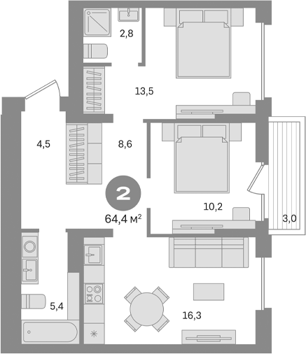 Планировка — Первый квартал. Вторая очередь, 2-комн., 61 м²