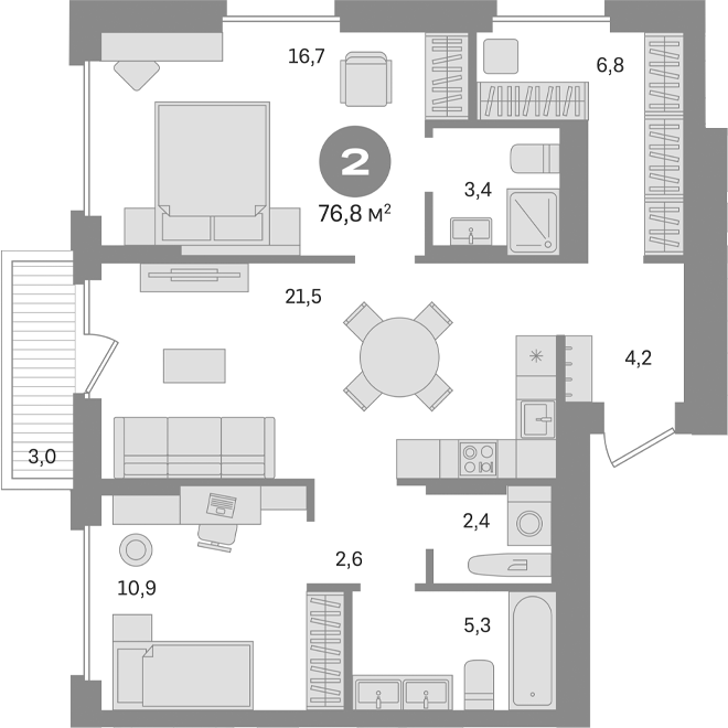 Планировка — Первый квартал. Вторая очередь, 2-комн., 74 м²