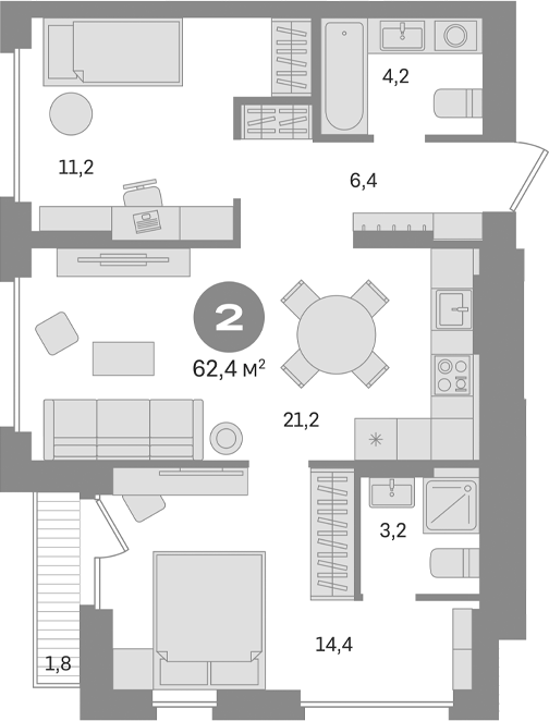 Планировка — Первый квартал. Вторая очередь, 2-комн., 61 м²