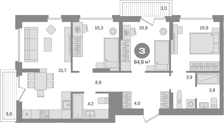 Планировка — Первый квартал. Вторая очередь, 3-комн., 79 м²
