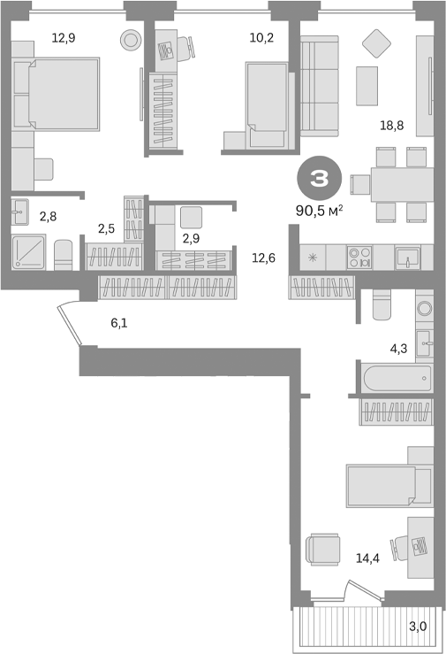 Планировка — Первый квартал. Вторая очередь, 3-комн., 88 м²