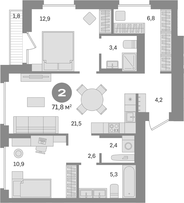 Планировка — Первый квартал. Вторая очередь, 2-комн., 70 м²