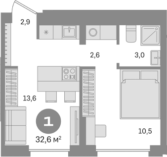 Планировка — Первый квартал. Вторая очередь, 1-комн., 33 м²