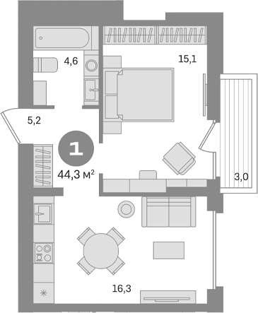 Планировка — Первый квартал. Вторая очередь, 1-комн., 41 м²