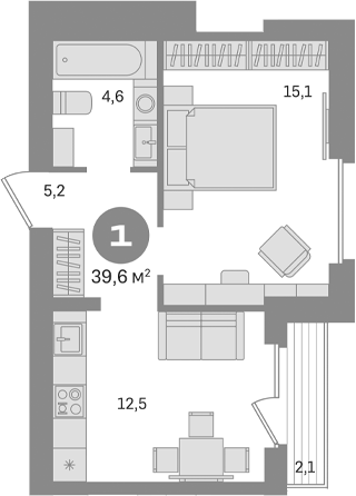 Планировка — Первый квартал. Вторая очередь, 1-комн., 38 м²