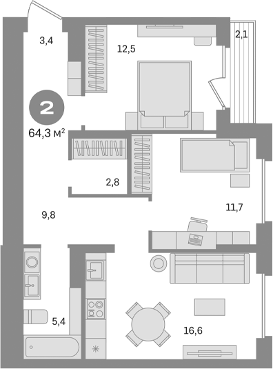 Планировка — Первый квартал. Вторая очередь, 2-комн., 62 м²