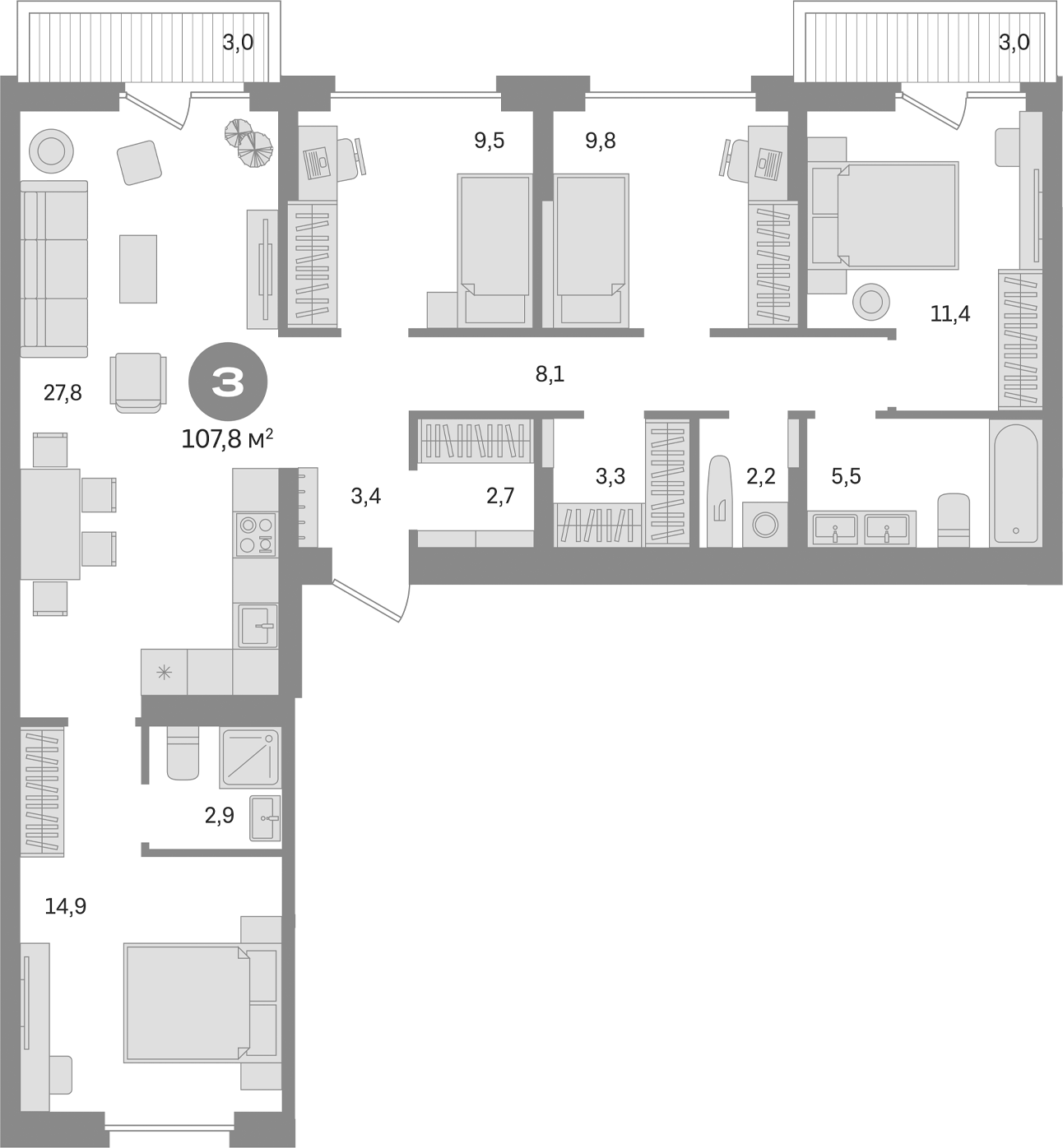 Планировка — Первый квартал. Вторая очередь, 4-комн., 102 м²