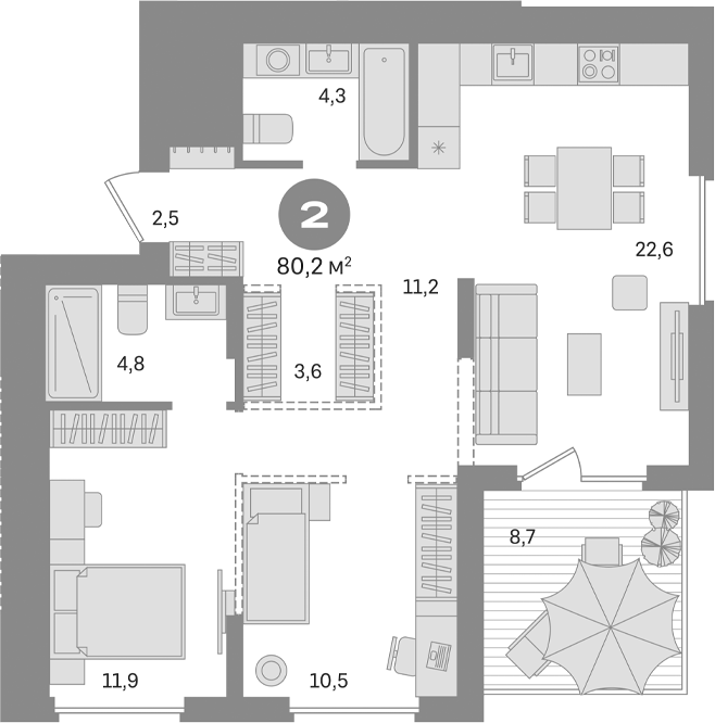 Планировка — Первый квартал. Вторая очередь, 2-комн., 72 м²