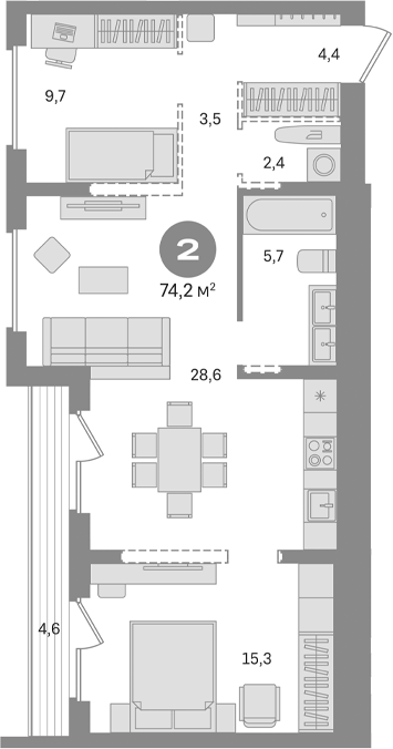 Планировка — Первый квартал. Вторая очередь, 2-комн., 70 м²