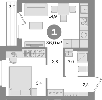 Планировка — Первый квартал. Вторая очередь, 1-комн., 34 м²
